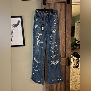 Fashion Nova Distressed Wide-Leg Jeans - Dark Blue TALL